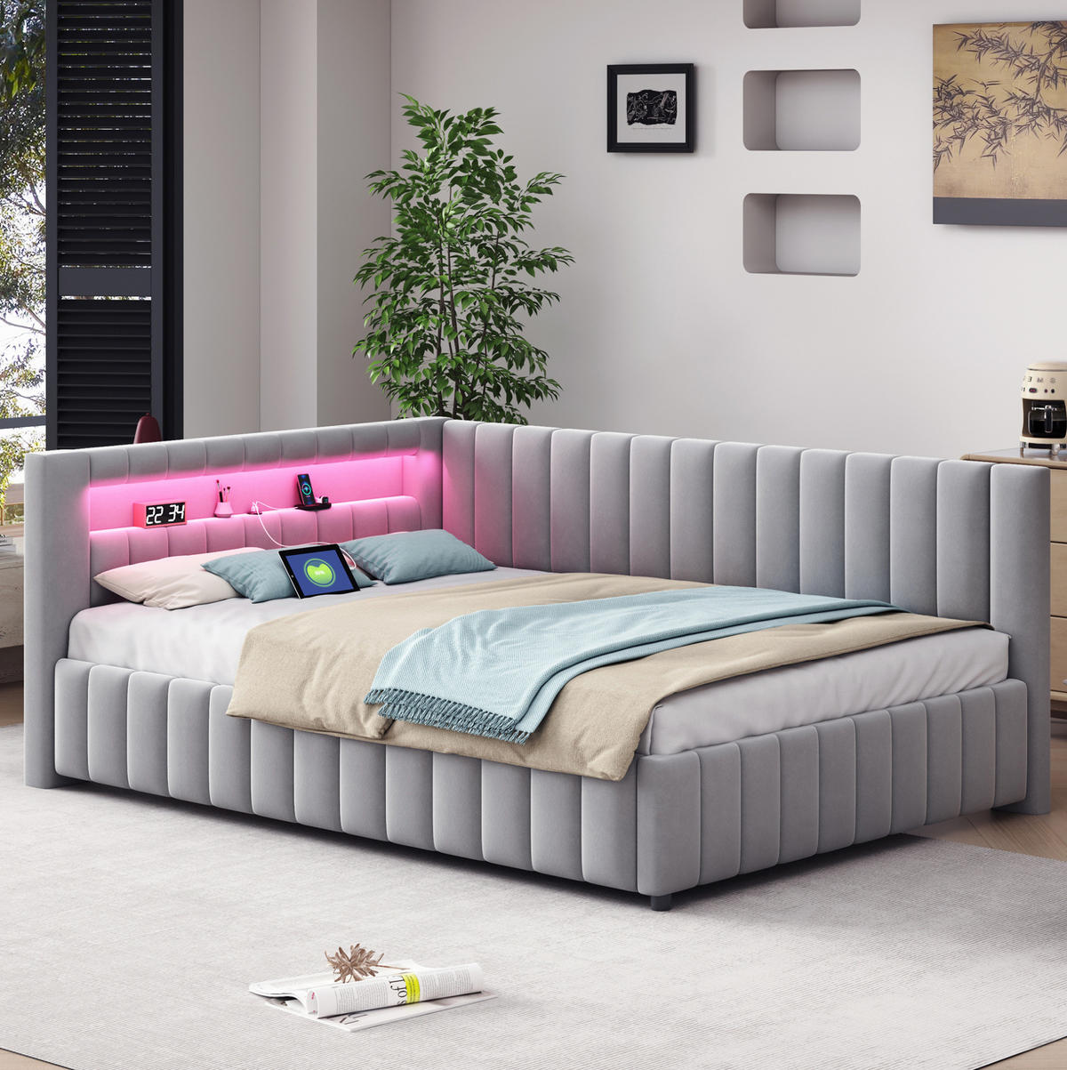 POLSTERBETT 140/200 cm aus Samt mit LED-Beleuchtung, USB-Anschluss und Rückenlehne, Grau - Grau, Textil (140/200cm) - Redom
