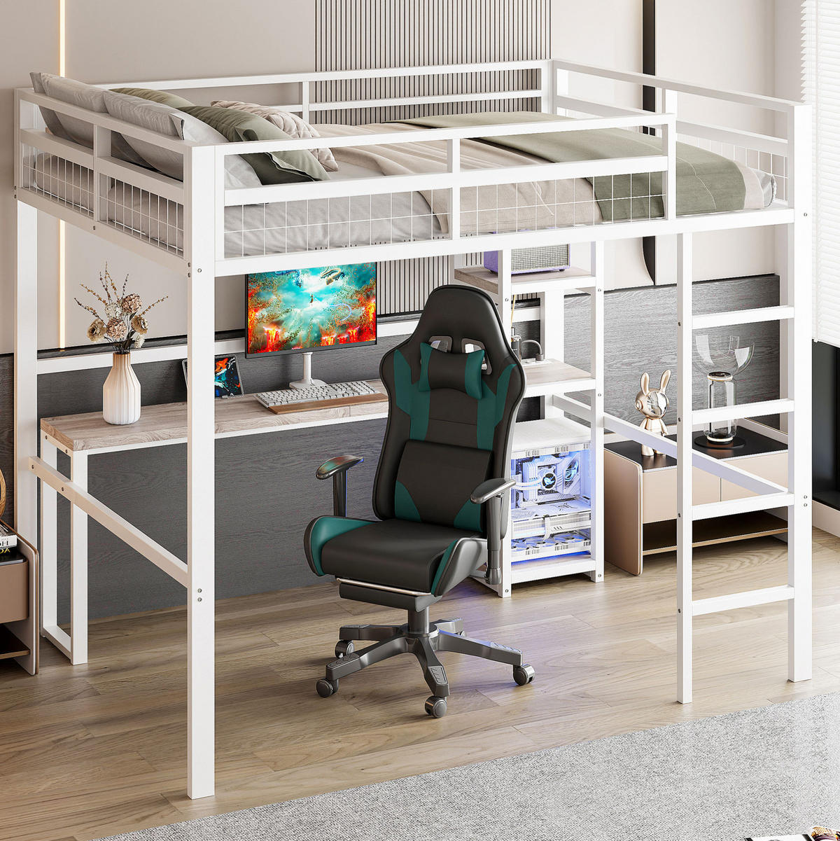 HOCHBETT 140/200 cm Weiß mit Schreibtisch, Regalen und USB- und Type-C-Anschlüssen - Weiß, Metall (140/200cm) - Flora Grace