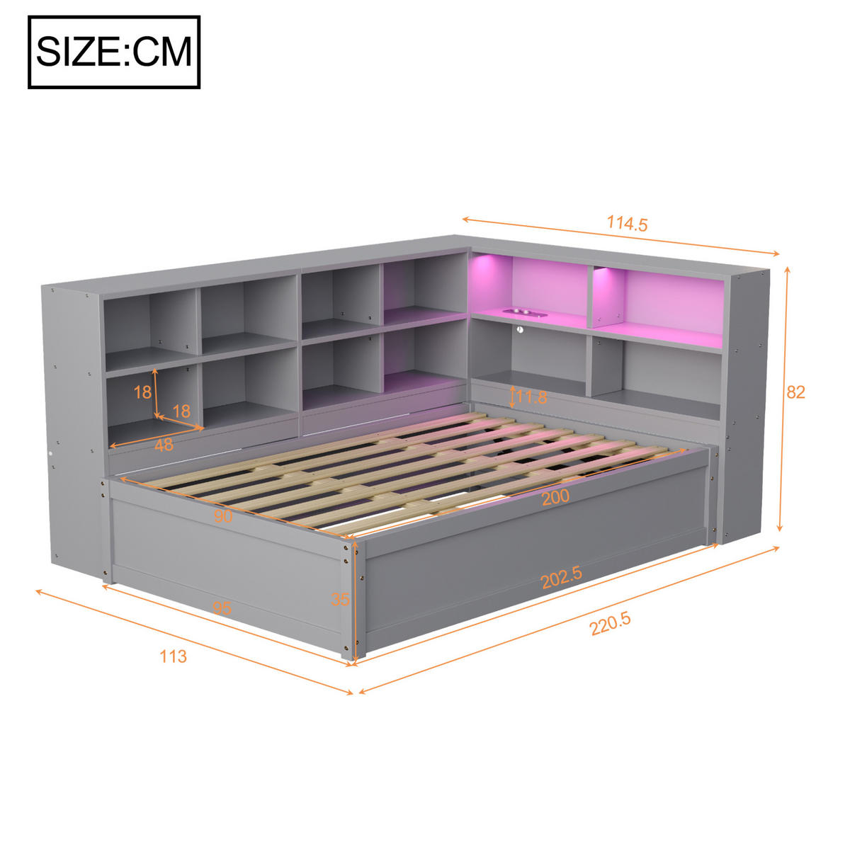 BETT 90/200 cm Grau aus Holz mit LED-Lichtleiste und Stauraum - Grau, Holz (90/200cm) - OKMYHOME
