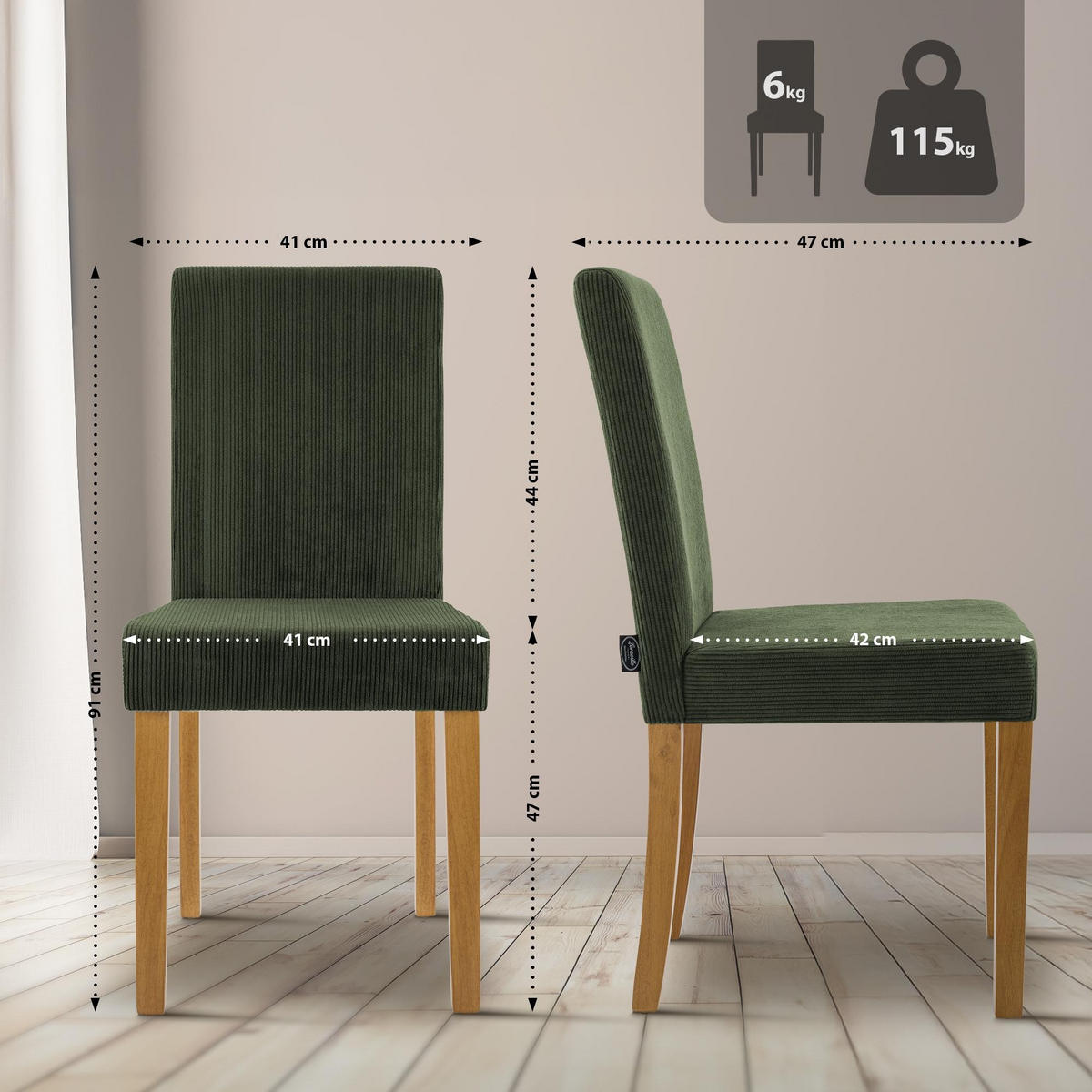 ESSZIMMERSTUHL Ina Cord Massivholz 91x41x47 cm grün - Grün, Textil (41/91/47cm) - furnicato