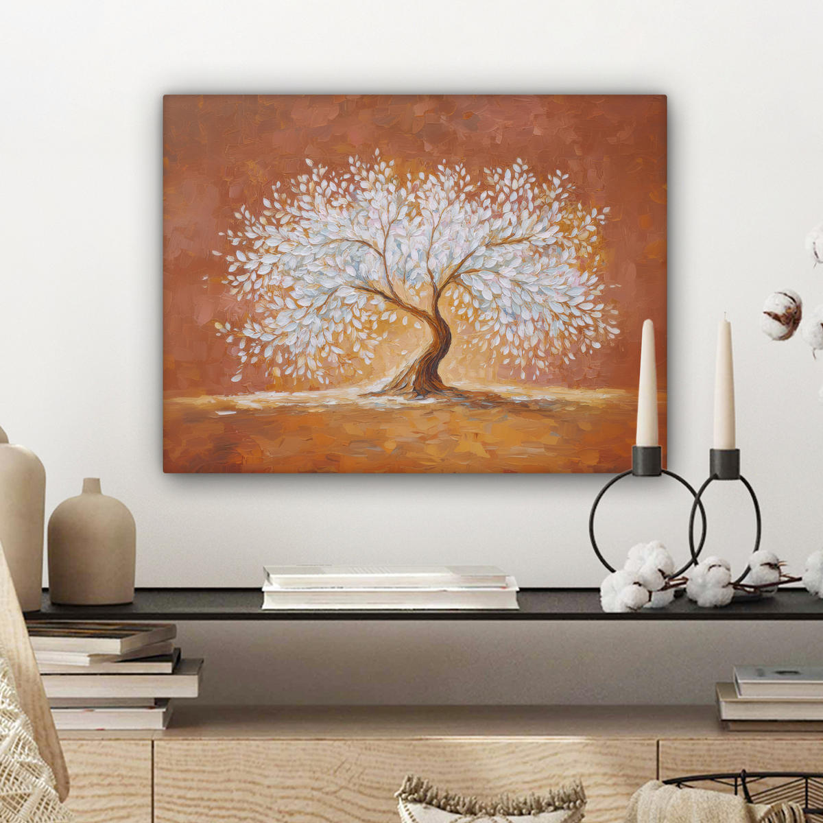 LEINWANDBILD Abstrakt - Baum - Weiß - Blätter Wandbild 40x30 cm - Braun, Textil (40/30cm) - MuchoWow