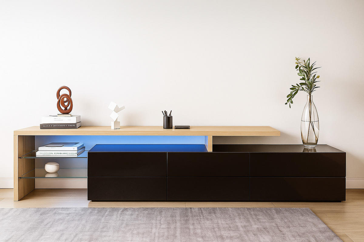 LOWBOARD mit LED-Beleuchtung, 3 Schubladen und Offene Fächer - Schwarz, Glas/Holzwerkstoff (197.5/42/39cm) - Urban Meuble