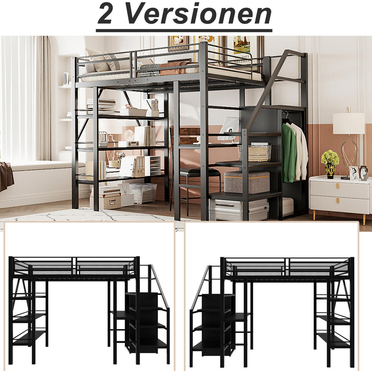 HOCHBETT 140/200 cm aus Metall mit Schreibtisch, Regal und Kleiderschrank Schwarz - Schwarz, Metall (140/200cm) - Modenvie