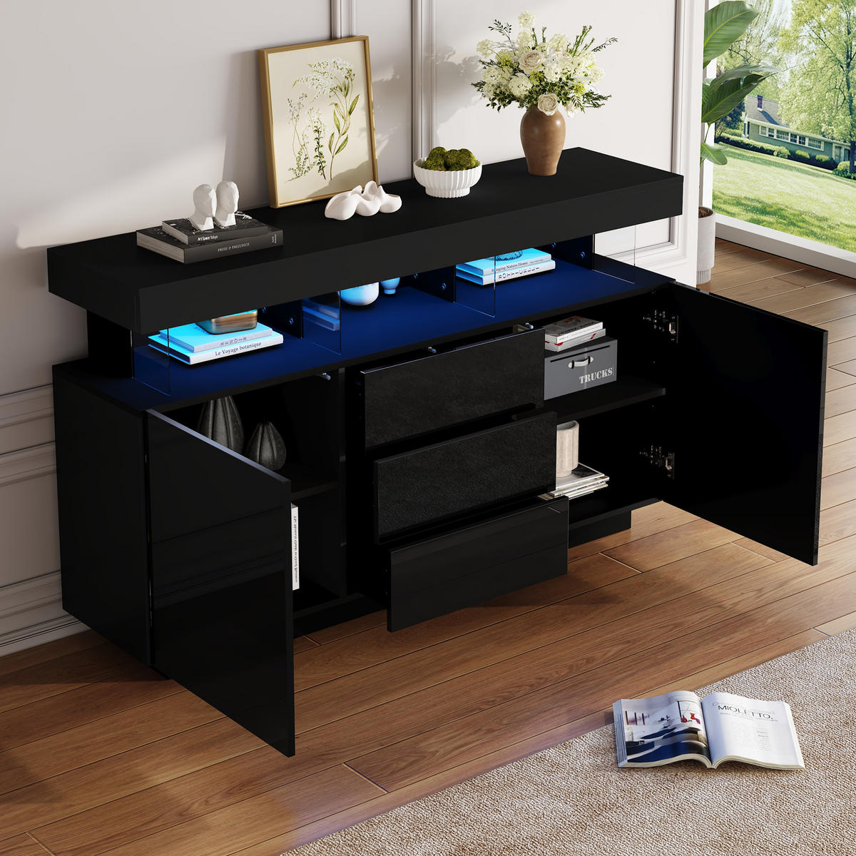 SIDEBOARD LED Schwarz Hochglanz Acryl 140x35x80cm Kaffeebar - Schwarz, Holzwerkstoff (35/80/140cm) - FLIEKS