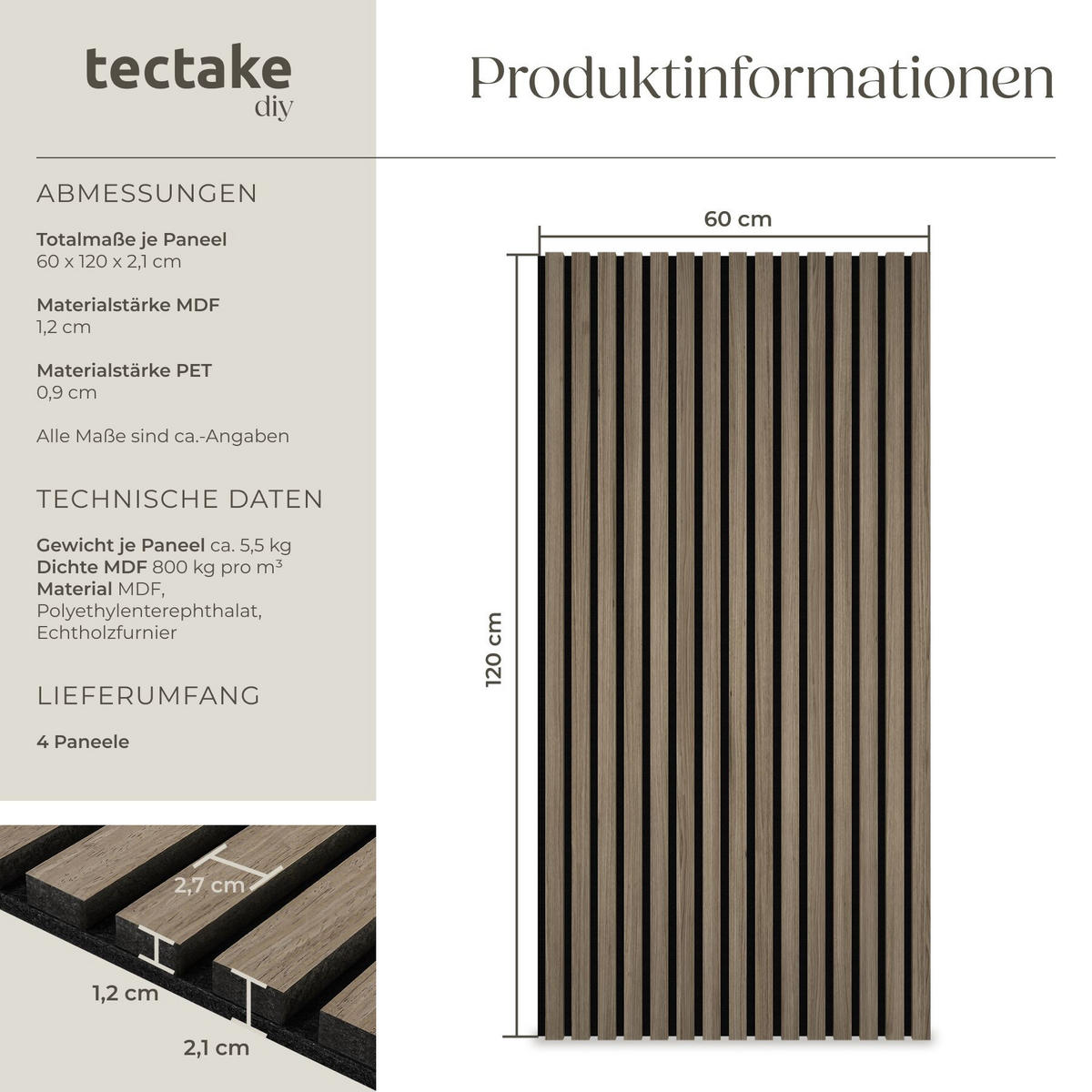 AKUSTIKPANEELE 4er Set Sonic Wall,je 60 x 120 x 2,1 cm, Größe flexibel anpassbar,Eiche dunkel - Wildeiche, Holz (60/120/120cm) - tectake