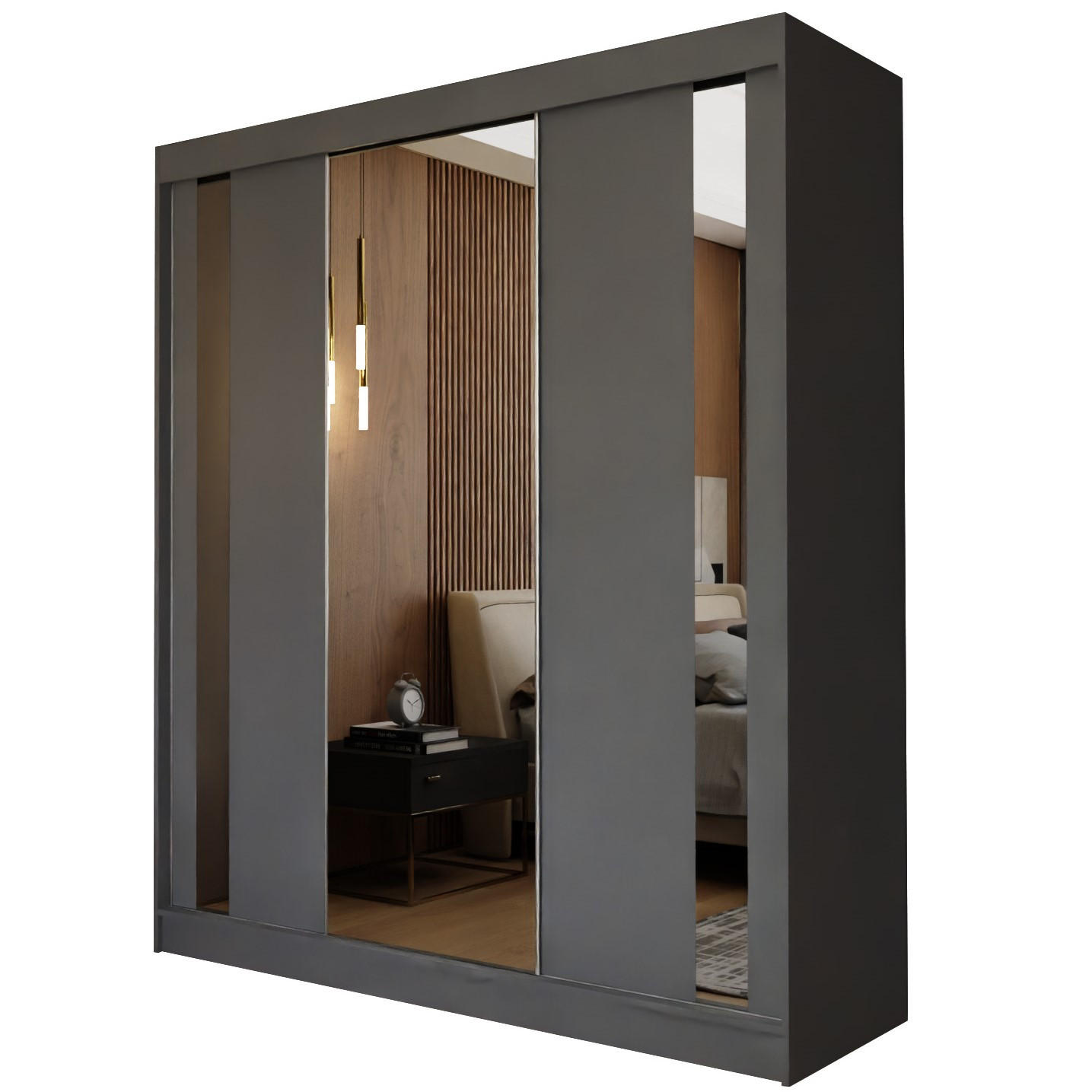 SCHWEBETÜRENSCHRANK GRAZIA 180/216/61 cm 3-türig mit Spiegel Grau - Grau, Holzwerkstoff (180/216/61cm) - MASSENO