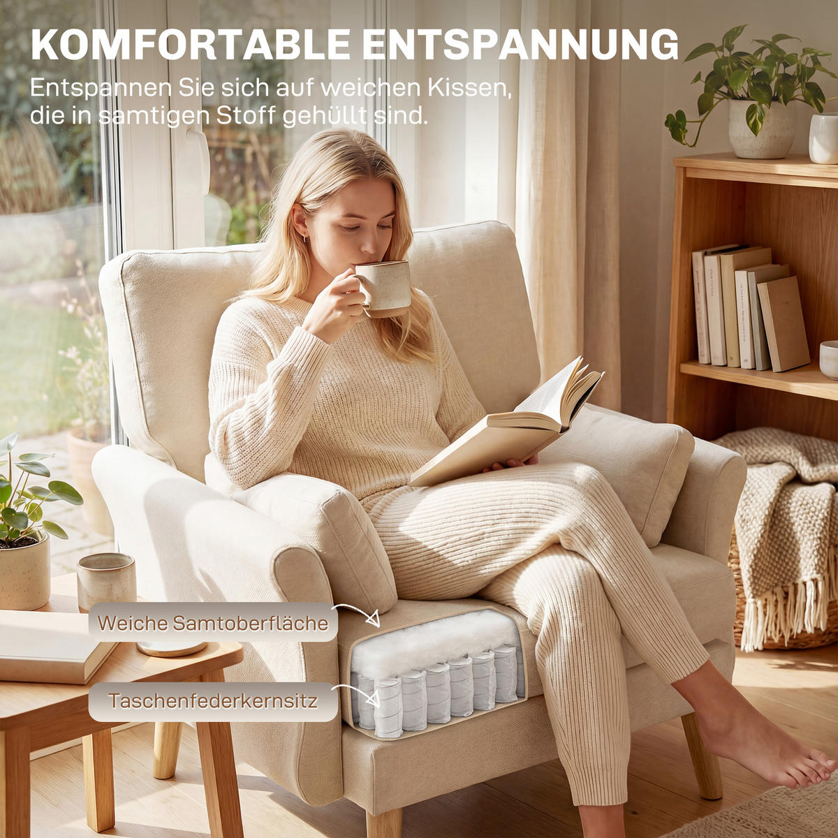 FÅTÖLJ i polyester och gummiträ, krämvit - Cremefärgad/Naturfärgad, Trä/Textil (80/88/103cm) - HOMCOM