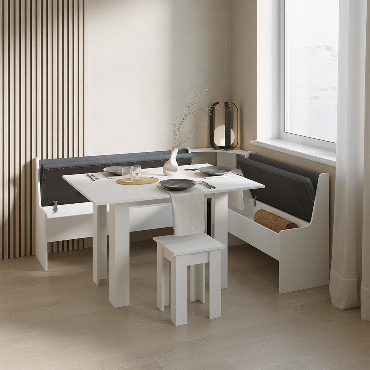 ECKBANKGRUPPE Tiberio Weiß 180 x 150 cm mit Tisch - Weiß, Holzwerkstoff (180/80/150cm) - Livinity®