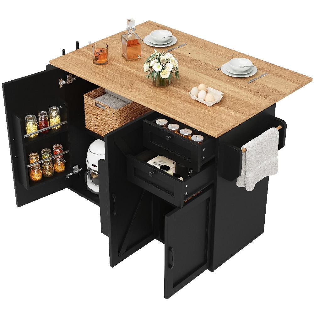 KÜCHENINSEL Klappbar, BUFFETSCHRANK mit Rollen, Holzmaserung Schwarz, 120/43,2/92 cm - Schwarz, Kunststoff (43.2/92/120cm) - Rolipo