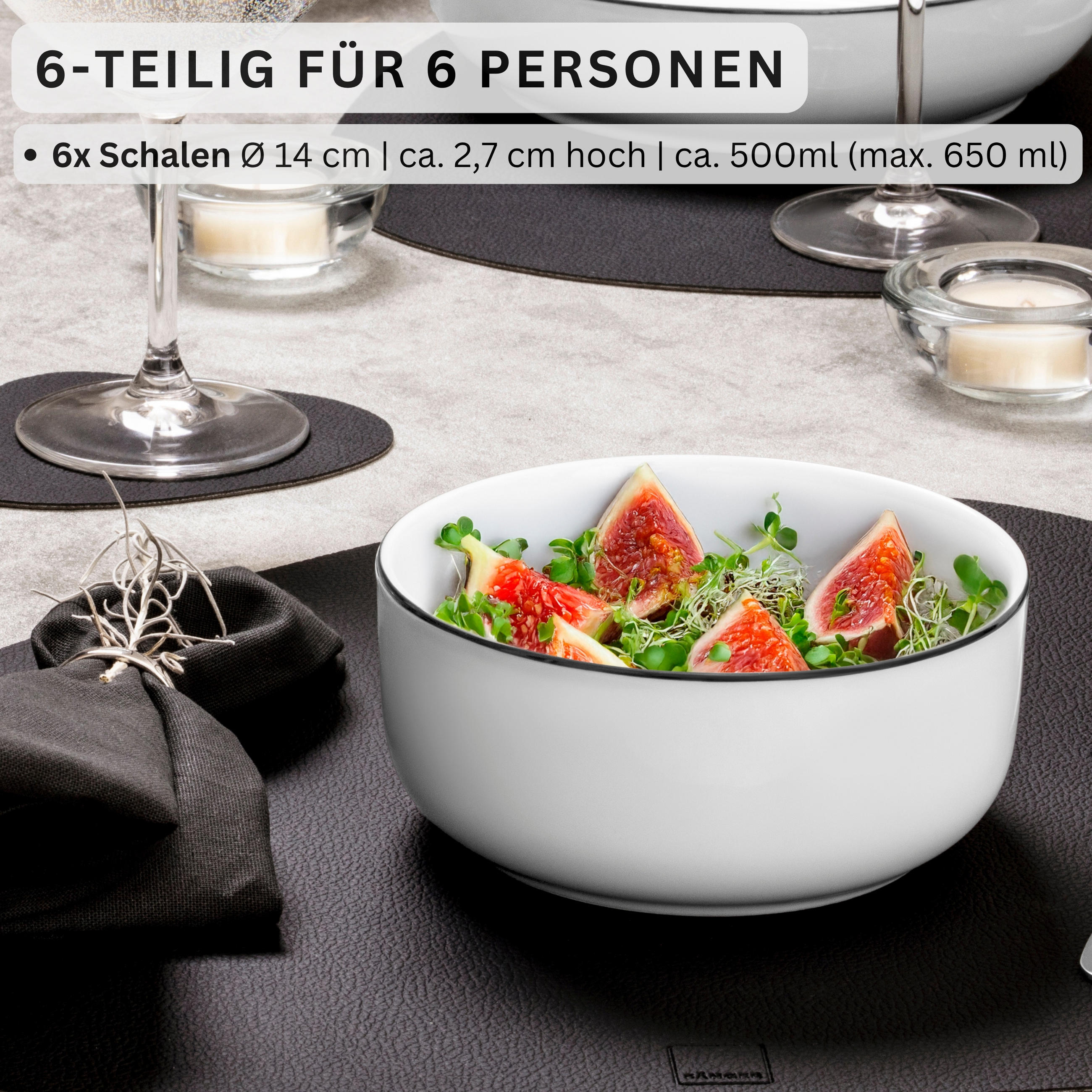 MÜSLISCHALEN MARLO BLACK RIM - 6 teilig aus Porzellan - Weiß, Keramik (14cm) - Sänger