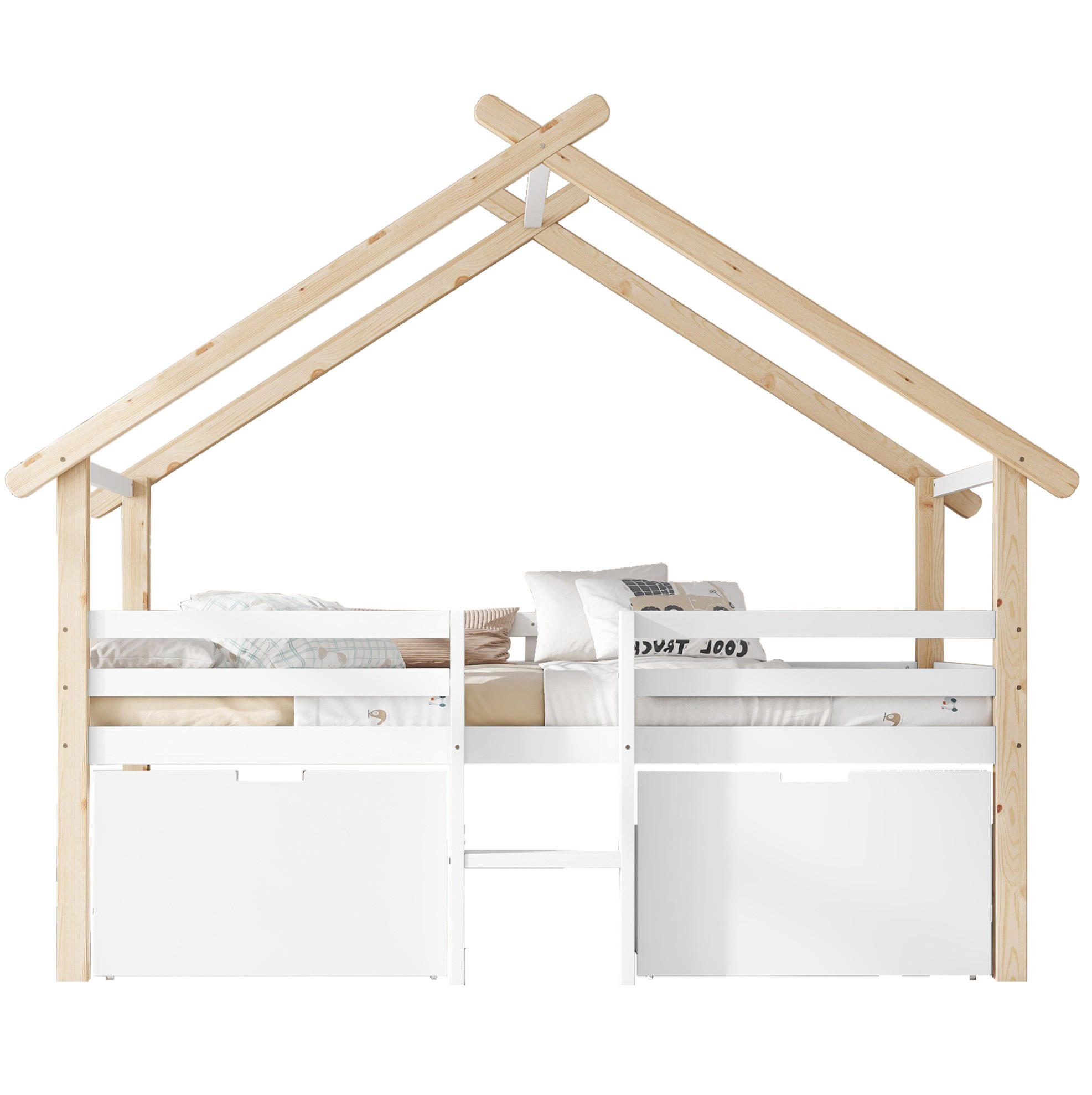 HAUSBETT 90/200 cm Weiß/Natur aus Kiefer und MDF mit Dach, Treppe und 2 Schließfächern - Weiß, Holzwerkstoff (90/200cm) - OKMYHOME