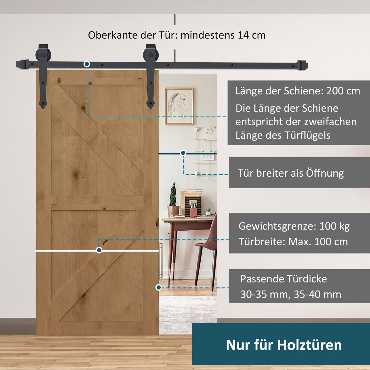 SCHIEBETÜREN-BESCHLAGSATZ, 2 m, Komplett-Set mit Schienen, Rollen, Braun - Braun, Metall (4/0.6/100cm) - HOMCOM