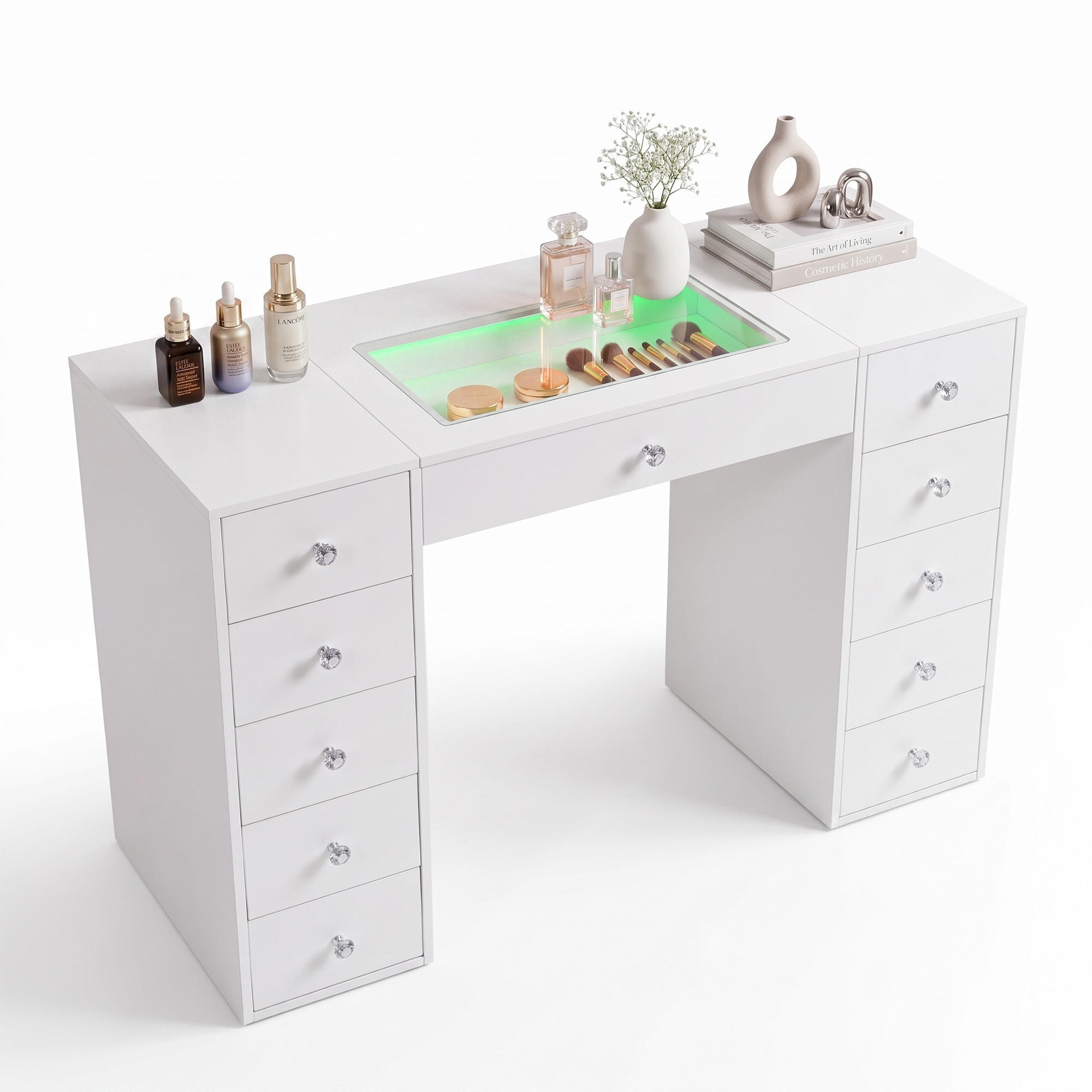 SCHMINKTISCH mit Beleuchtung Weiβ 130/55/81 CM 11 Schubladen - Weiß, Metall (130/81/55cm) - VANITII
