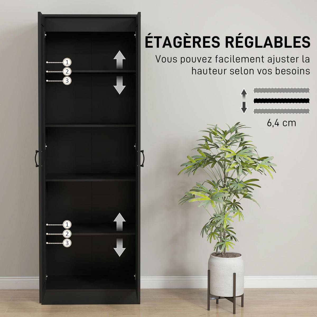 HIGHBOARD DE-11325 2 Türen & 5 Böden (3 verstellbar) Schwarz - Schwarz, Holzwerkstoff (36.5/175/60cm) - ComfortXL
