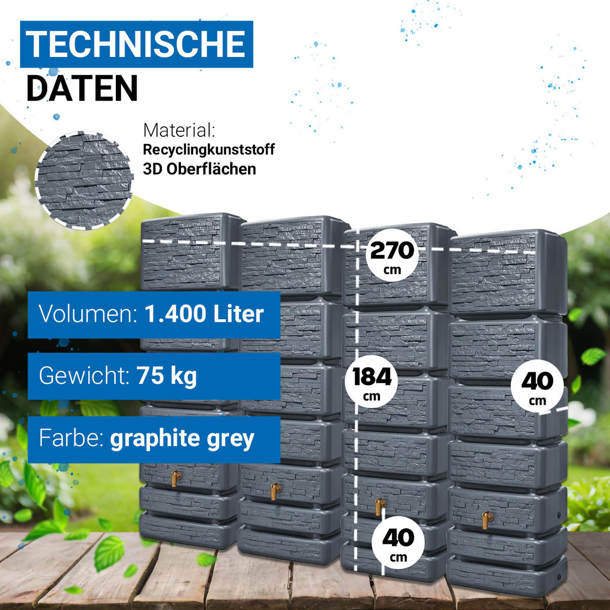 WANDTANK Komplett-Set 1400 L graphite grey 4 x 350 L inkl. Verbindungsset, Kunststoff-Auslaufhahn und Fallrohranschluss - Grau, Kunststoff (270/184/39cm) - 4rain