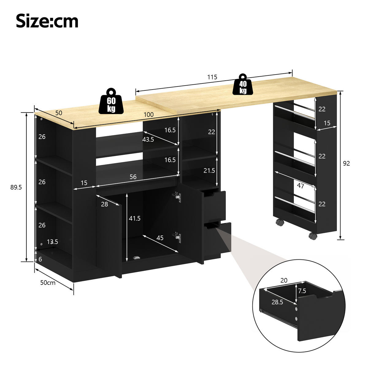 KÜCHENINSEL 115x50x92cm Schwarz mit drehbarer Ausziehplatte & Gewürzregal - Schwarz, Holzwerkstoff (115/92/50cm) - Modfu