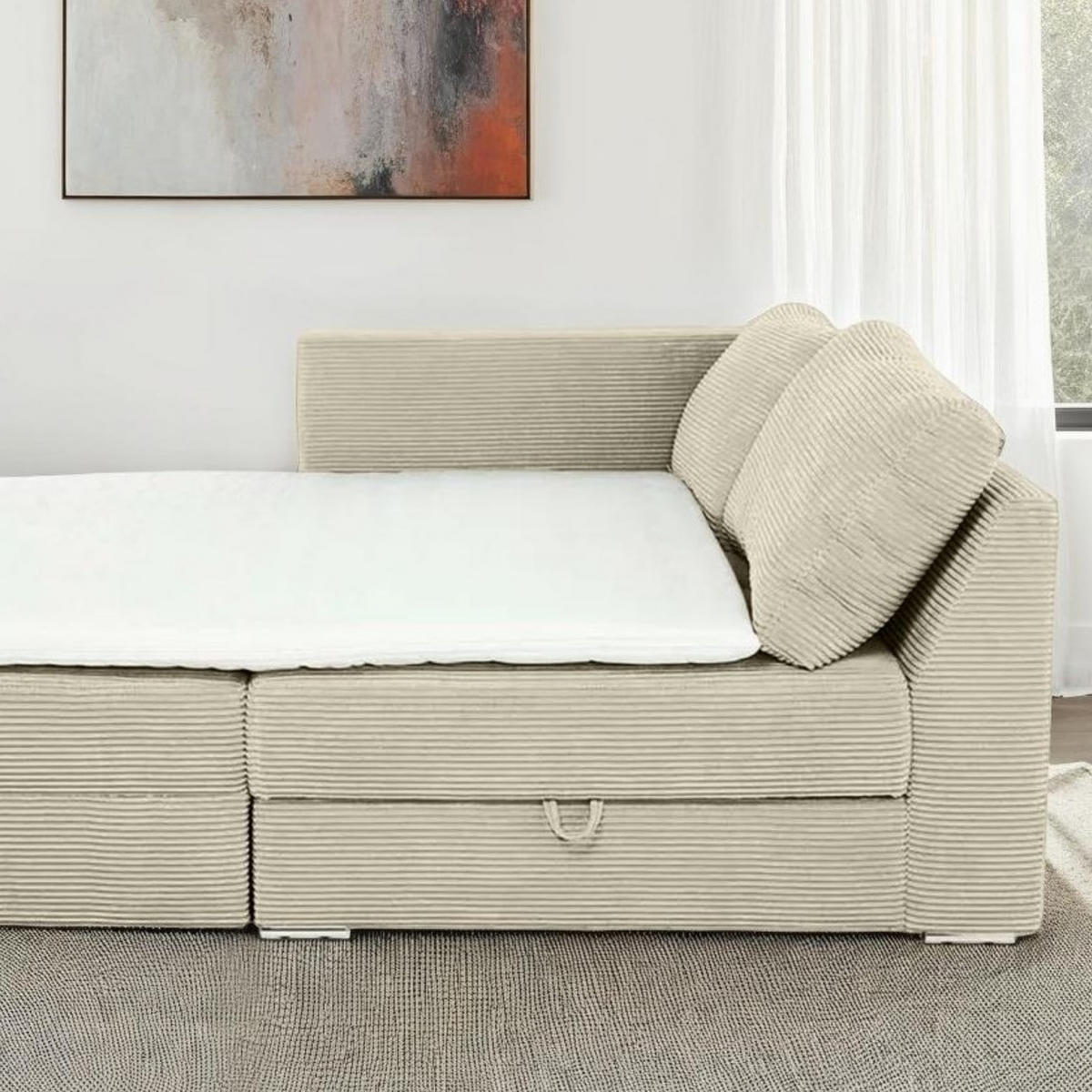 ECKSOFA-DAUERSCHLÄFER Boxspring Federkern Topper Bettkasten, seitenverkehrt montierbar B260/T181/H88 cm, Cord Beige Grau / 15235 - Chromfarben/Greige, Textil/Metall (260/181cm) - luma-home