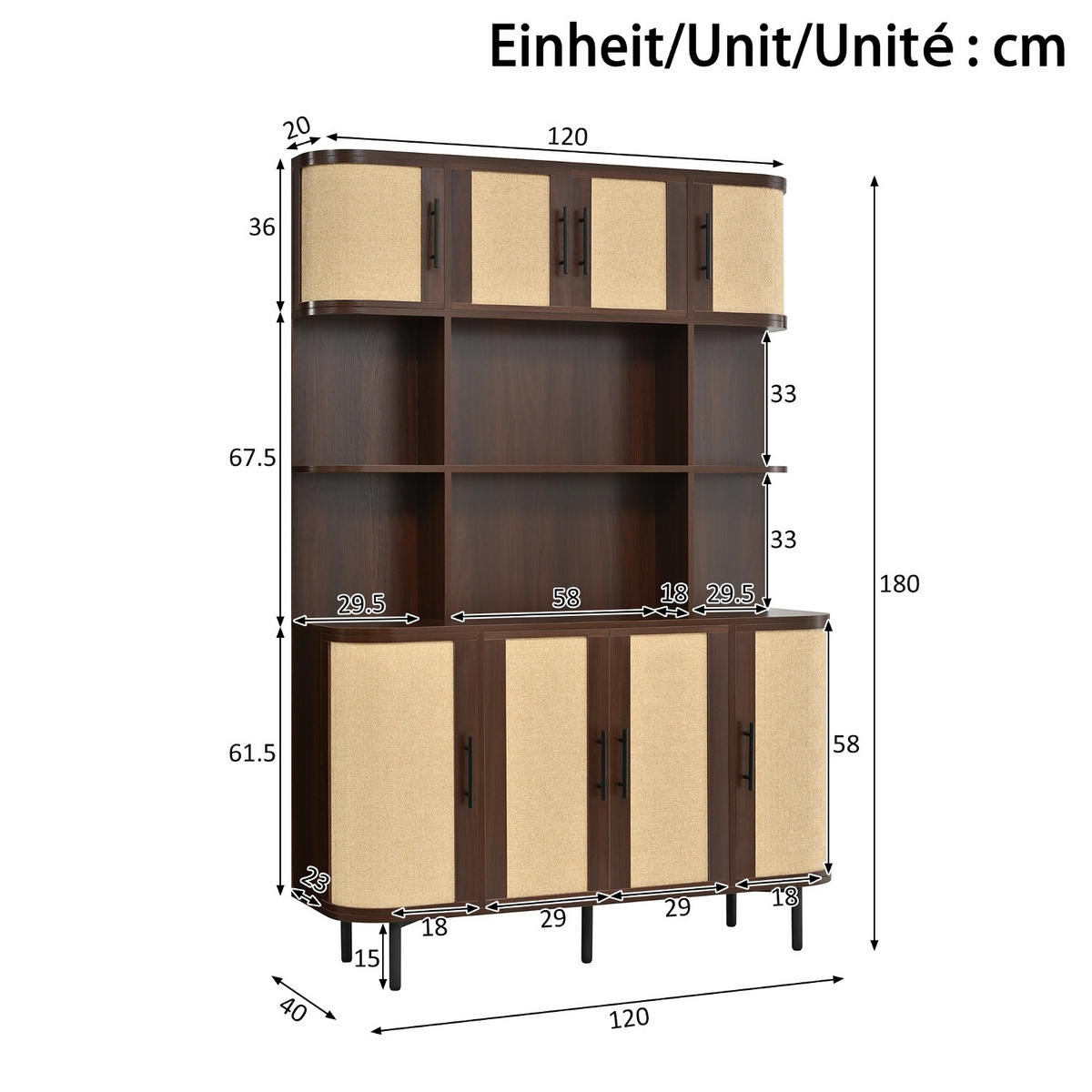 KÜCHENSCHRANK, Sideboard 8 Türen, 120/180/20 cm, MDF, SCHMALES DESIGN, für Wohnzimmer und Flur - Walnussfarben, Holzwerkstoff (20/180/120cm) - Rolipo