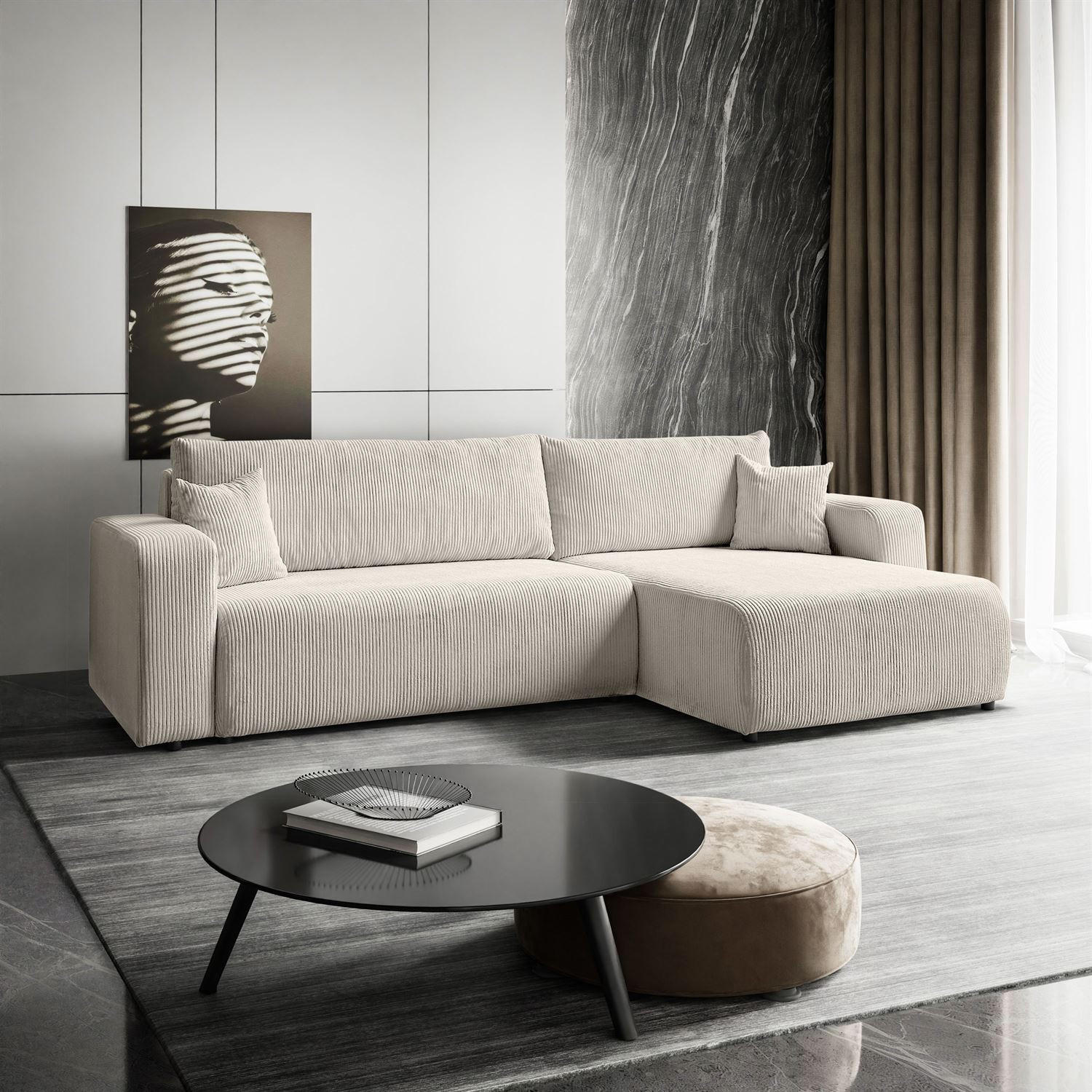 ECKSOFA Gepolstertes PRESTIGE XL mit Schlaffunktion und Bettkasten, Poso 100 - Ecru, Textil (277/143cm) - Lookway