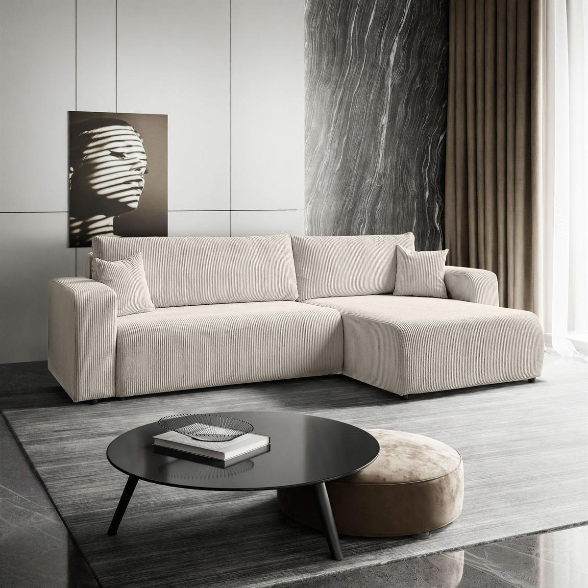 ECKSOFA Gepolstertes PRESTIGE XL mit Schlaffunktion und Bettkasten, Poso 100 - Ecru, Textil (277/143cm) - Lookway