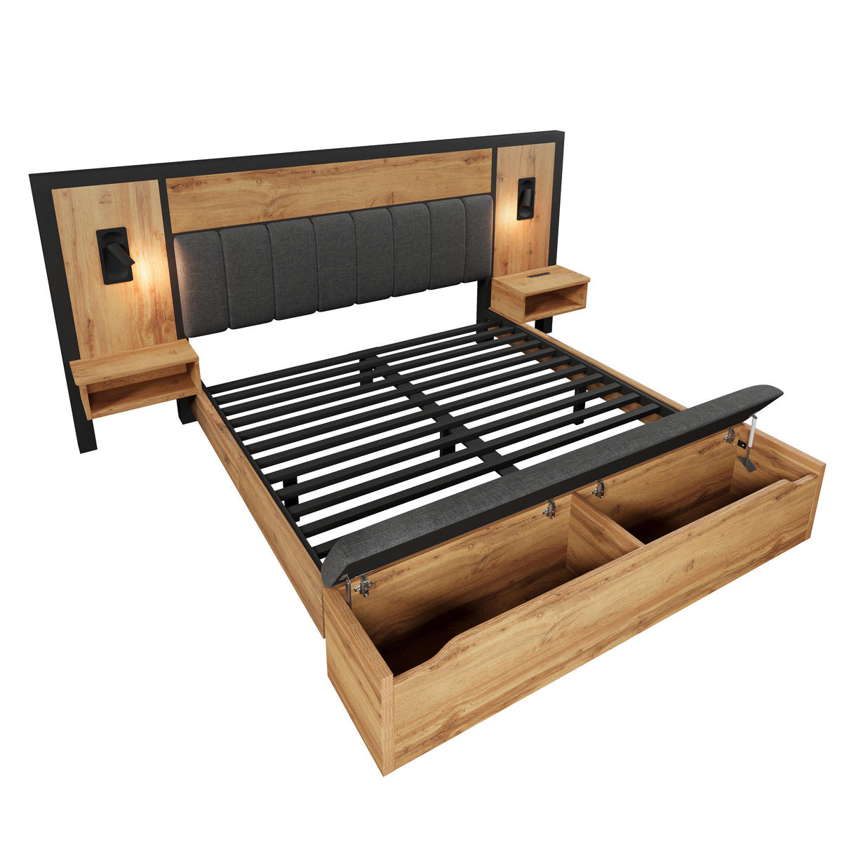 POLSTERBETT 180/200 cm Eiche mit Leselampe und USB-C-Nachttisch - Eichefarben, Metall (180/200cm) - OKWISH