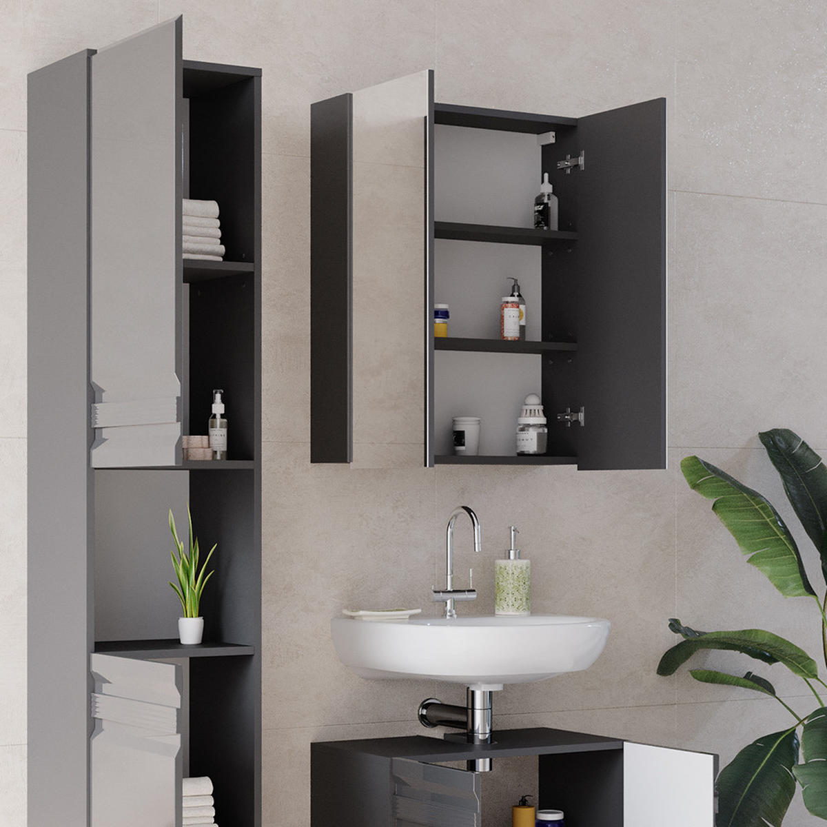 BADMÖBEL-SET Fredd Anthrazit Hochglanz 3 Teile, mit Hochschrank - Anthrazit, Holzwerkstoff (56/60/34cm) - Vicco