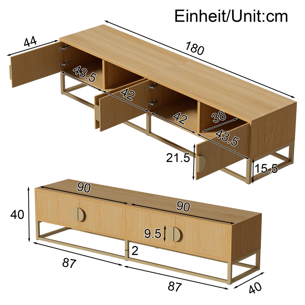 TV Lowboard 180 cm, 4 Türen, halbrunde Griffe, Holz - Braun, Holz (180/40/40cm)