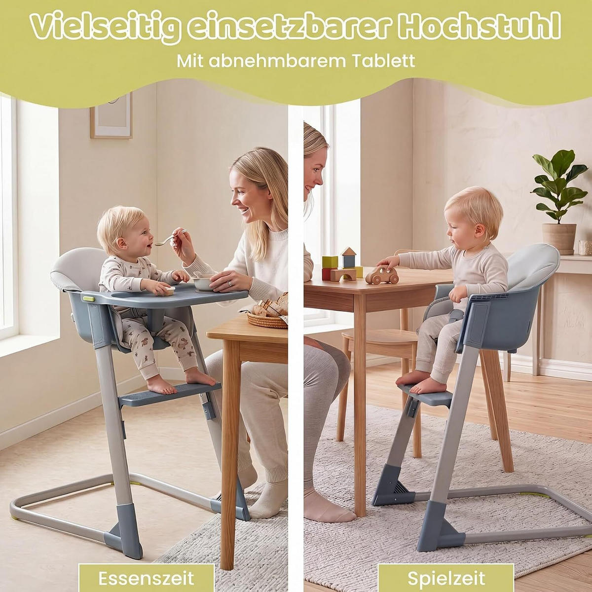 BABYHOCHSTUHL mit abnehmbarem Tablett & Sitzkissen grau - Grau, Metall (62/86/58cm) - COSTWAY
