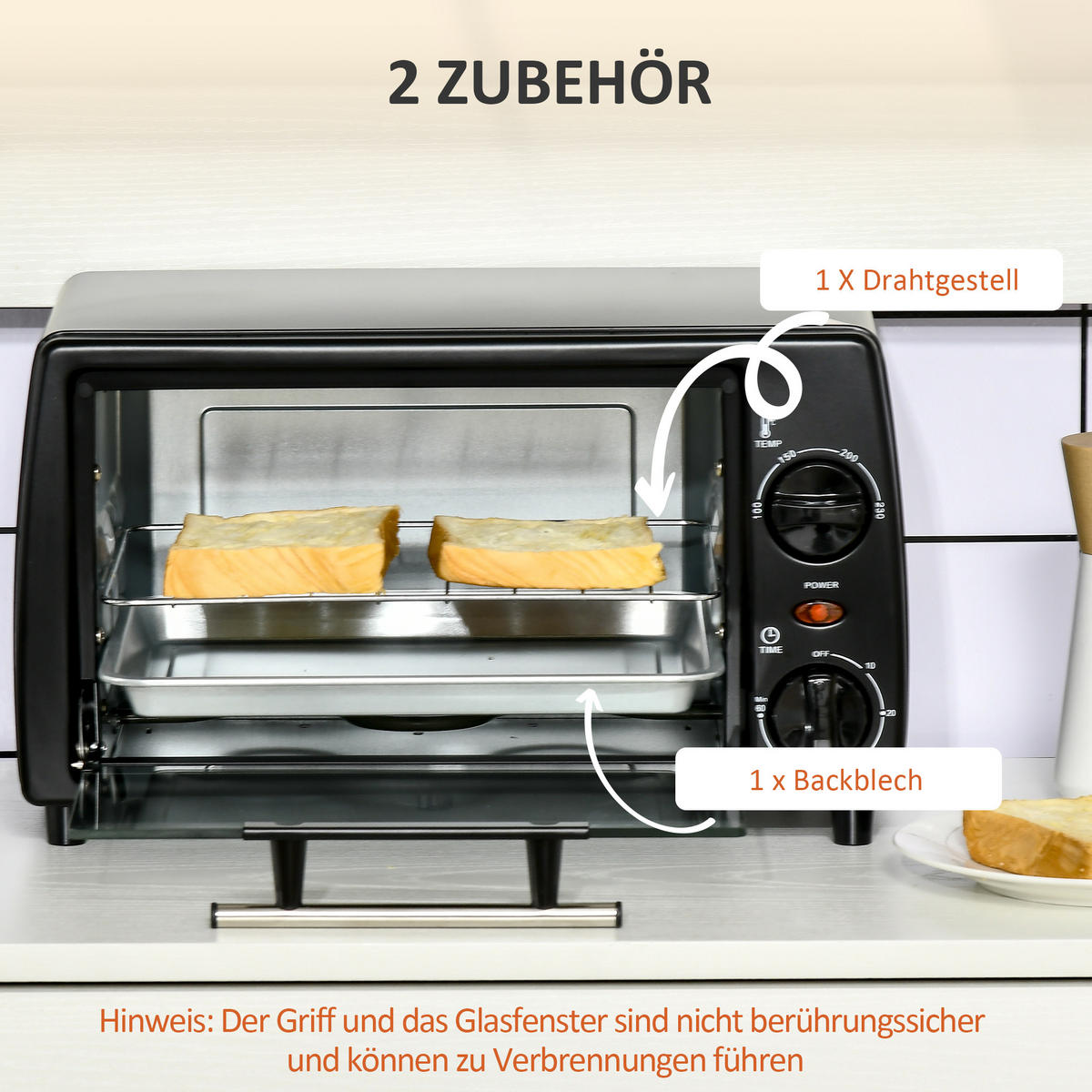 MINIBACKOFEN Metall Gehärtetes Glas Schwarz - Schwarz, Metall (36.5/26/22cm) - HOMCOM