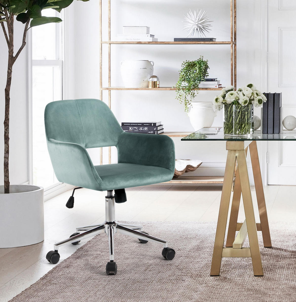 DREHSTUHL Samt hellblau - Türkis/Chromfarben, Metall (54/85/56cm) - Urban Meuble