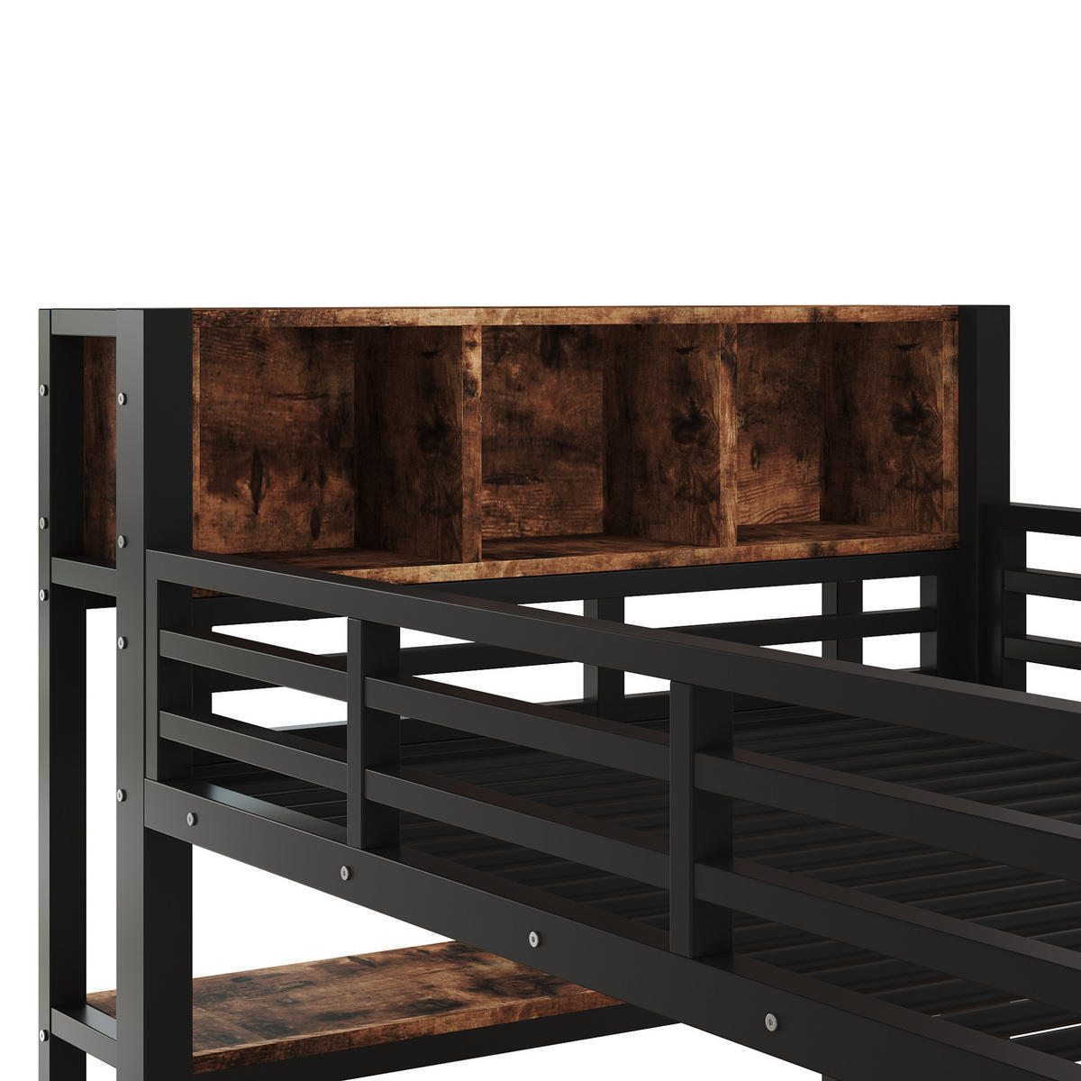 HOCHBETT Metall & MDF 90x200 cm Schwarz mit Schreibtisch, Kleiderstange und Regalen - Schwarz, Holzwerkstoff (90/200cm) - Modfu