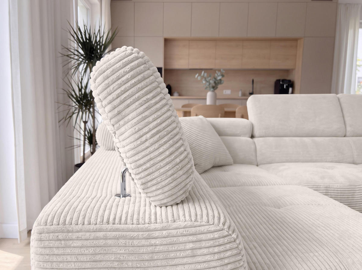 ECKSOFA L Form Konak Cremeweiß 276/201/90 cm Links mit Schlaffunktion - Silberfarben/Creme, Textil/Metall (203/276cm) - AX Living