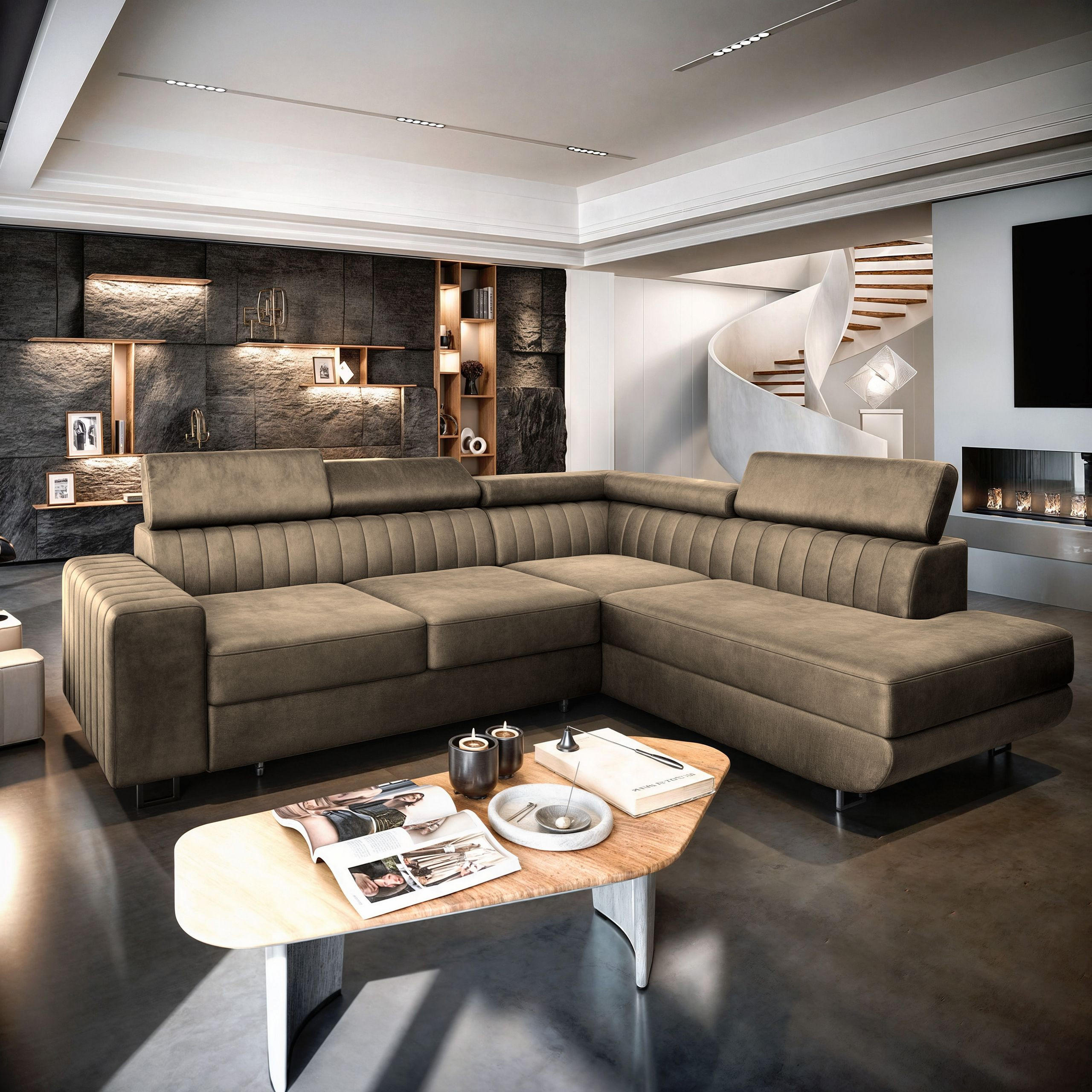 ECKSOFA NOLA R-S Beige Velours-Stoff mit Schlaffunktion - Beige, Holz (253/190cm) - MASSENO