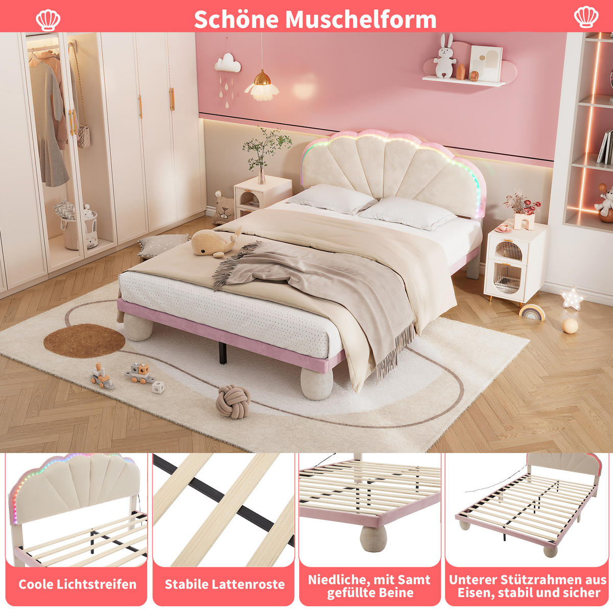 POLSTERBETT 140/200 cm in Beige & Rosa Samt mit LED - Beige, Holzwerkstoff/Textil (140/200cm) - WISHDOR