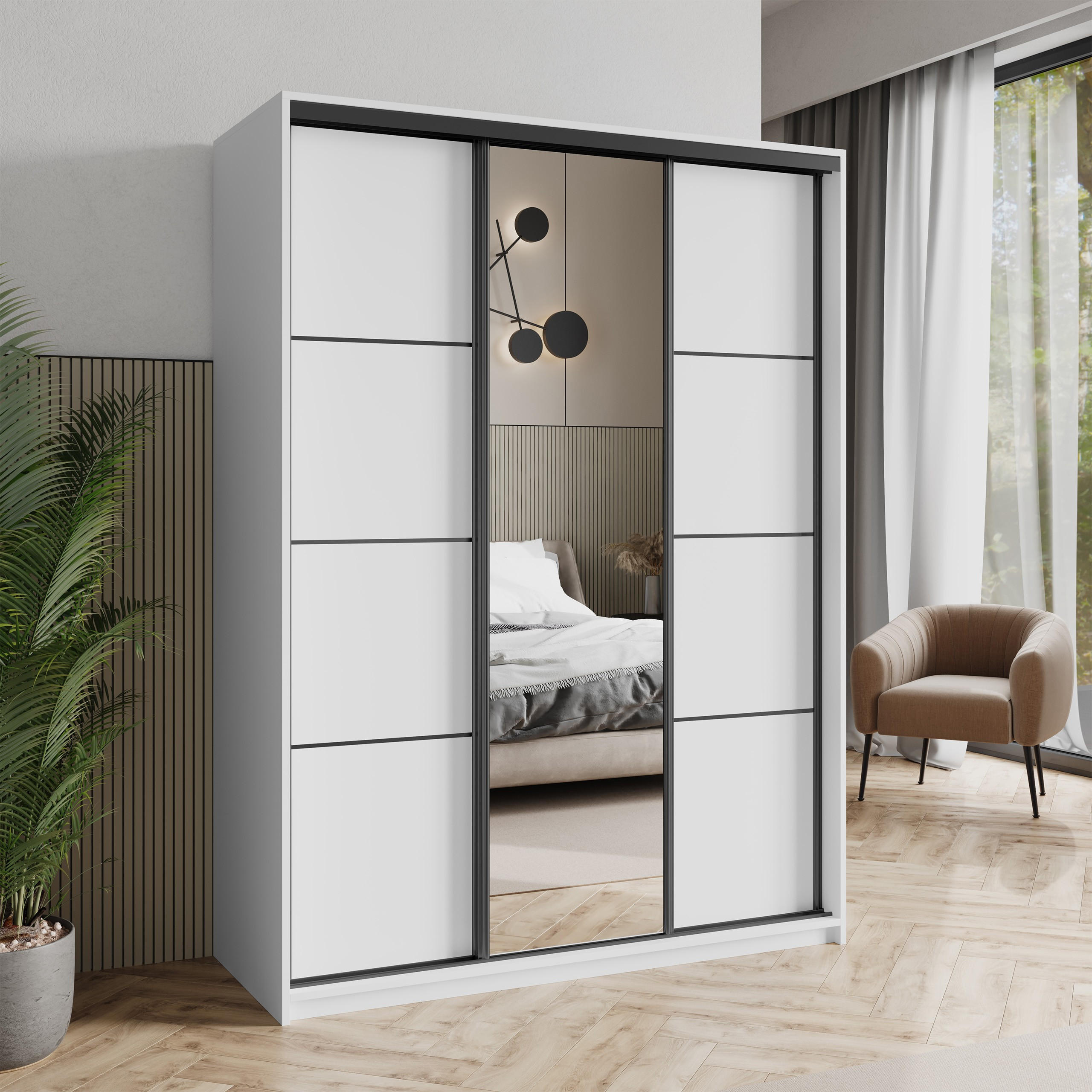 SCHWEBETÜRENSCHRANK VARO 150/205/60 cm 3-türig mit Spiegel Weiß - Weiß, Holzwerkstoff (150/205/60cm) - MASSENO