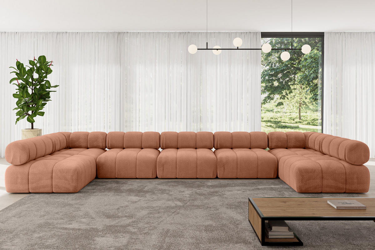 WOHNLANDSCHAFT modulares Sofa Garvo-U3 - 475x190x70 cm Apricot Velours - Koralle, Holzwerkstoff/Textil (475/70/190cm) - ALTDECOR