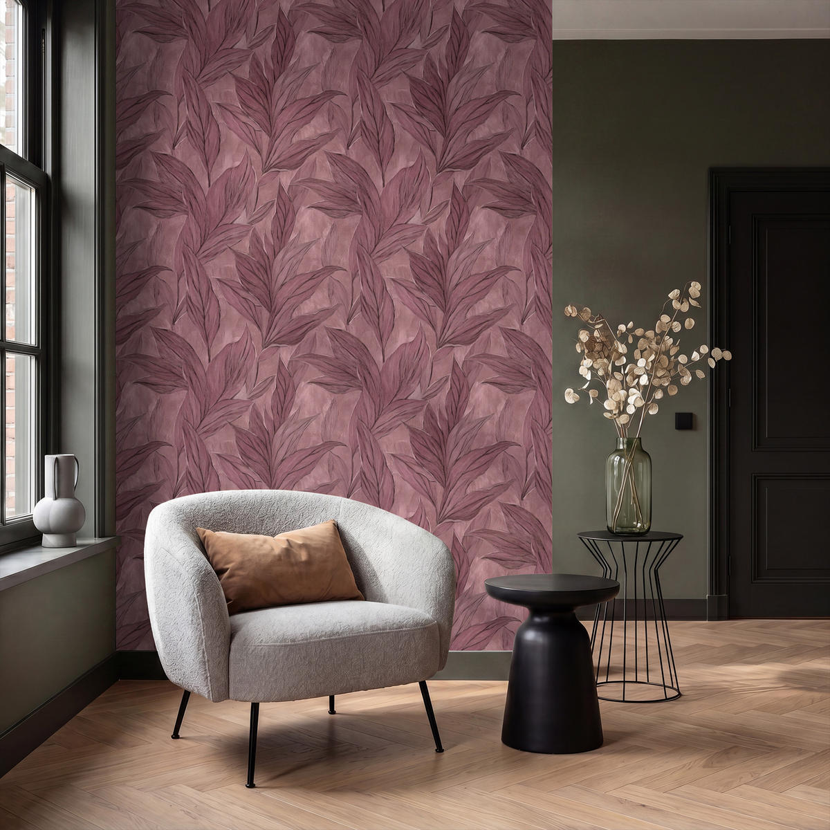 TAPETE - Blätter - Muster - Lila - 140x240 cm - Altrosa, Papier (140/240cm) - OnlyWow
