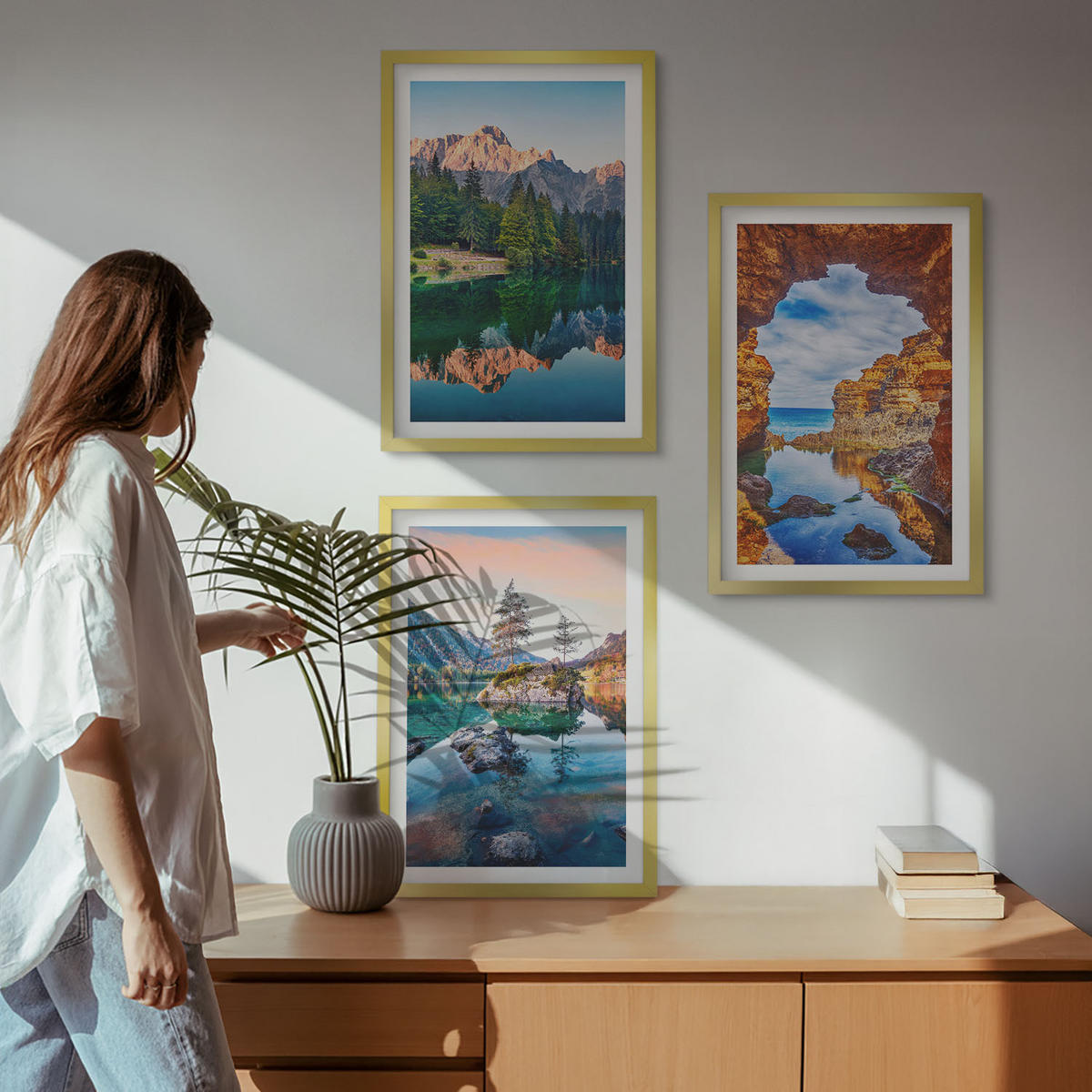 WANDBILDER 3er Set - 40x60 cm Goldrahmen - Spiegelungen der Felsen in Bergseen - Goldfarben, Kunststoff (40/60cm) - ArtPrintCave