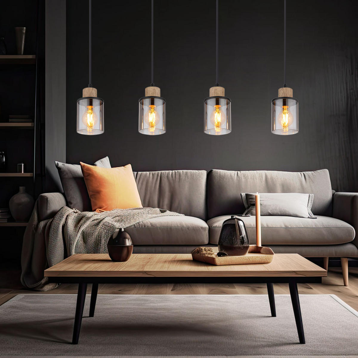 HÄNGELEUCHTE REID Metall Schwarz Rauchglas - Schwarz, Holz (78/10/120cm) - Globo Lighting