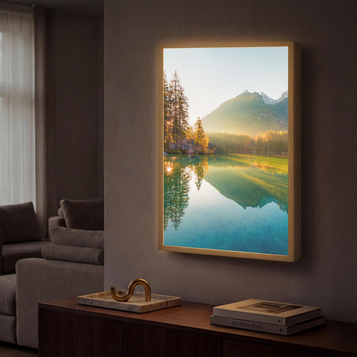 WANDLEUCHTE MIT AKKU See - Wald - Berge - Natur - Sonne - Landschaft 40x60 cm - Grün, Holzwerkstoff (40/60/8cm) - OnlyWow