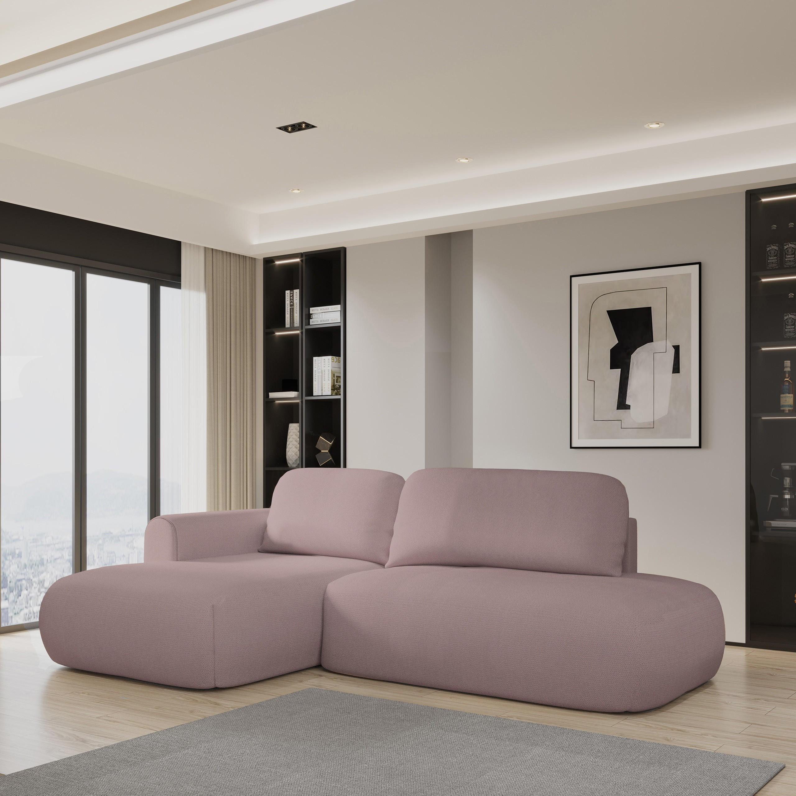 ECKSOFA NUVIRA L-S Rosa Geflochtener Stoff mit Schlaffunktion - Rosa, Holz (274/165cm) - MASSENO
