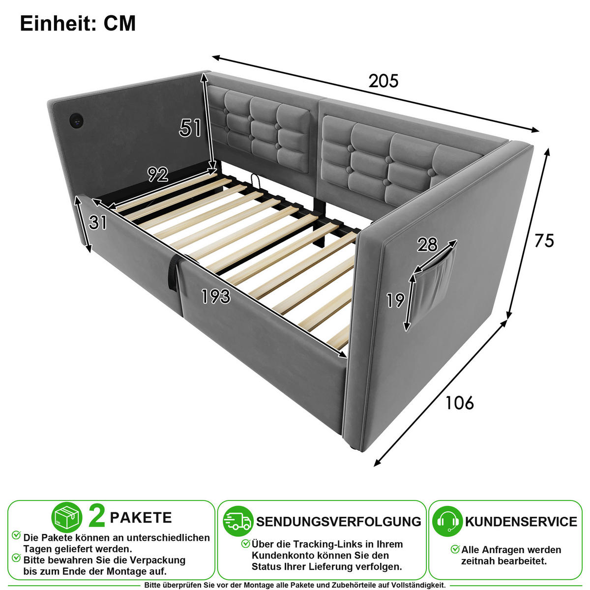 SCHLAFSOFA 90/190 cm in Grau Samt mit Bettkasten, USB und Type-C - Grau, Holzwerkstoff/Textil (90/190cm) - CHICFURN