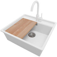 GRANITSPÜLE Bergen, 2-er set Weiß 56/53 cm 1 Becken + Küchenarmatur 32/20 cm + Ablauf-Set + Schneidebrett ab 60er Unterschrank - Chromfarben/Beige, Kunststoff (56/20/53cm) - Primagran