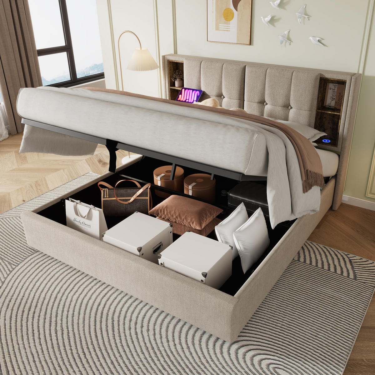 POLSTERBETT mit Stauraum 140x200 cm Leinen Natur mit USB & kabellosem Laden - Beige, Metall (140/200cm) - Meubliv
