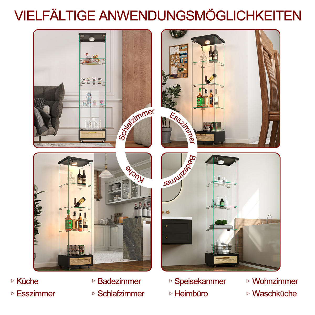 VITRINE in Schwarz Glasvitrine mit Schubladen und LED-Beleuchtung für Wohn- und Schlafzimmer, B42.5/T36.5/H167cm - Transparent/Schwarz, Glas/Holzwerkstoff (42.5/167/36.5cm) - STILVORA