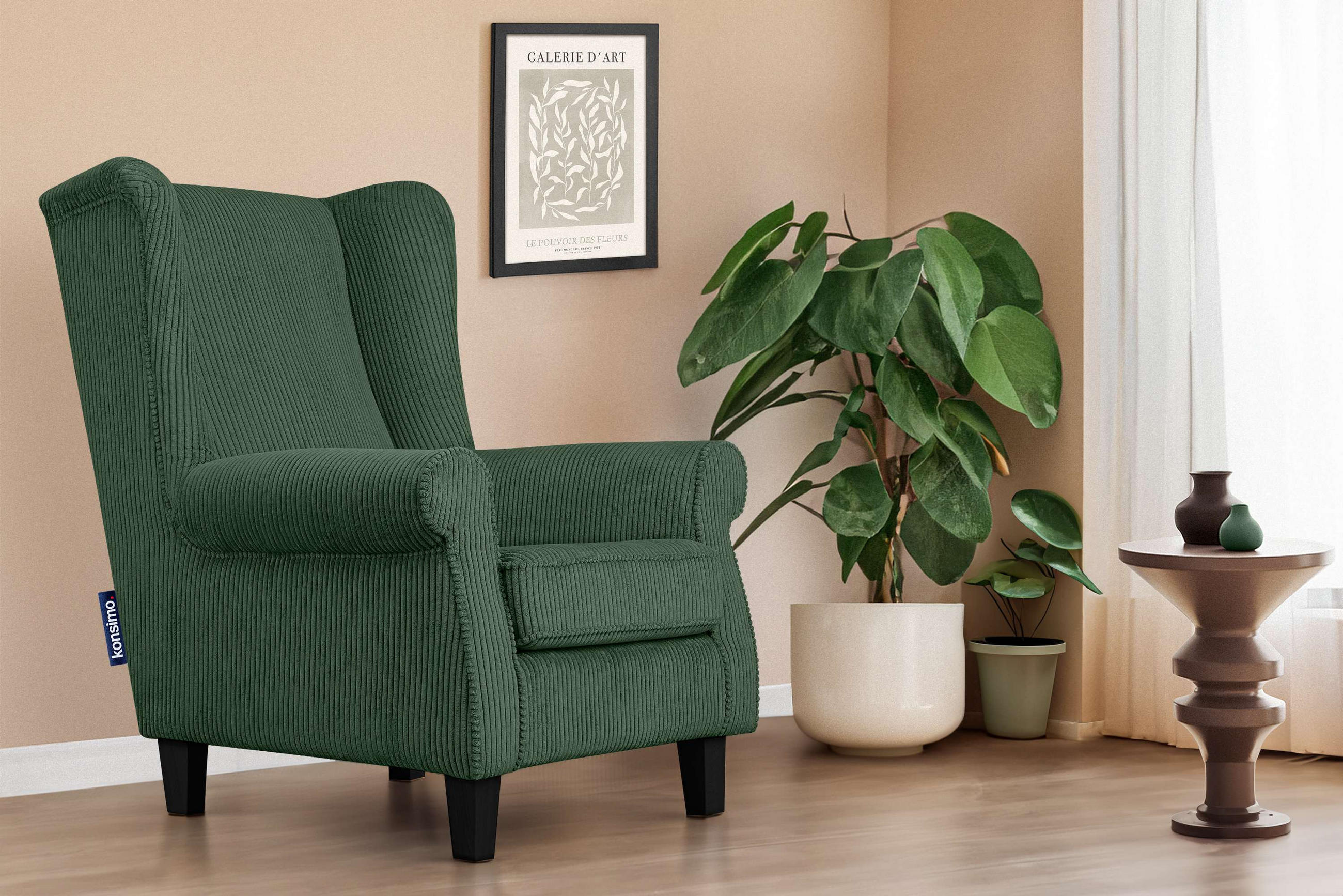 OHRENSESSEL MILES Kord-Bezug Petfriendly, dunkelgrün - Dunkelgrün, Holzwerkstoff/Buchenholz (82/105/97cm) - KONSIMO®