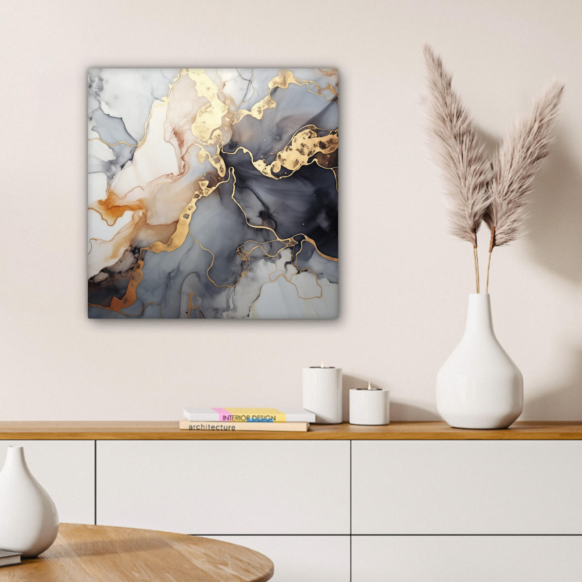 LEINWANDBILD Marmor - Schwarz - Gold - Weiß 50x50 cm - Dunkelgrau, Textil (50/50cm) - MuchoWow