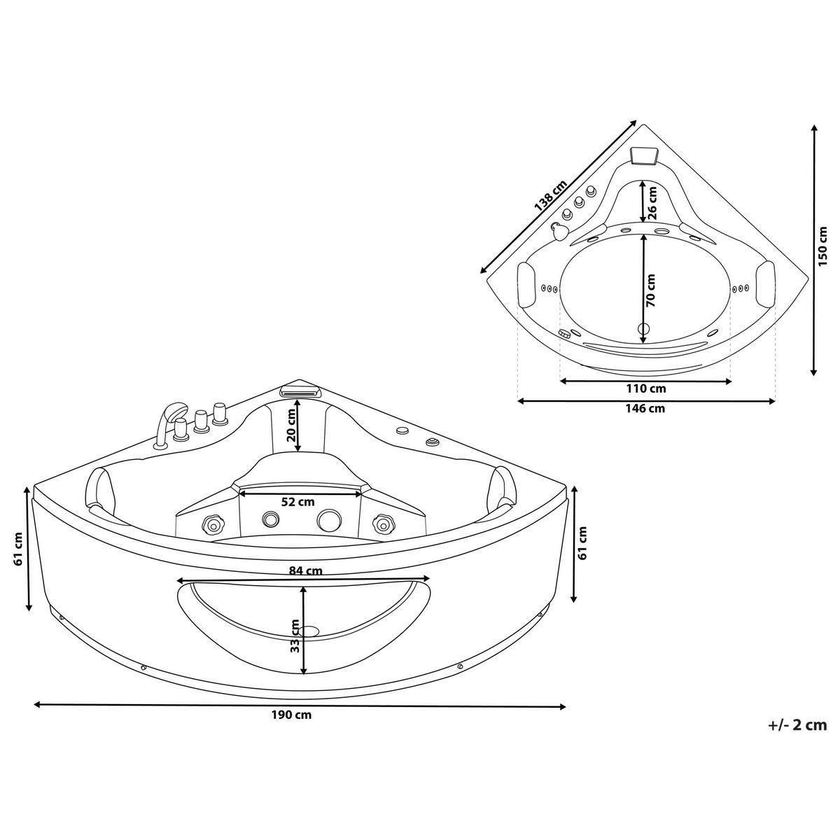 WHIRLPOOL-BADEWANNE mit LED 138x190x61 cm weiß Tocoa - Weiß, Kunststoff (138/61/190cm) - Beliani