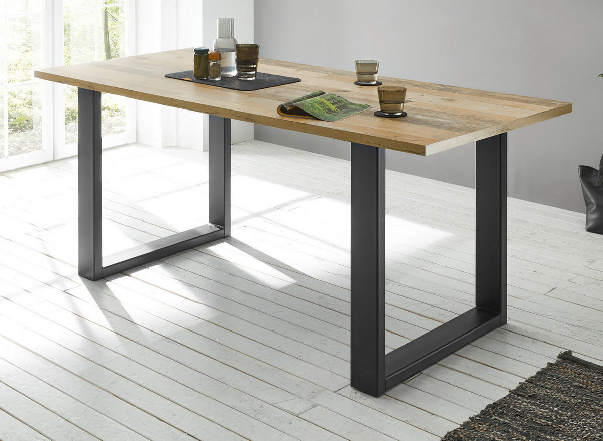 ESSTISCH Used Wood hell, anthrazit 180 cm, Küchentisch für 4-6 Personen - Anthrazit/Naturfarben, Holz/Metall (180/80/76cm) - Furn.Design