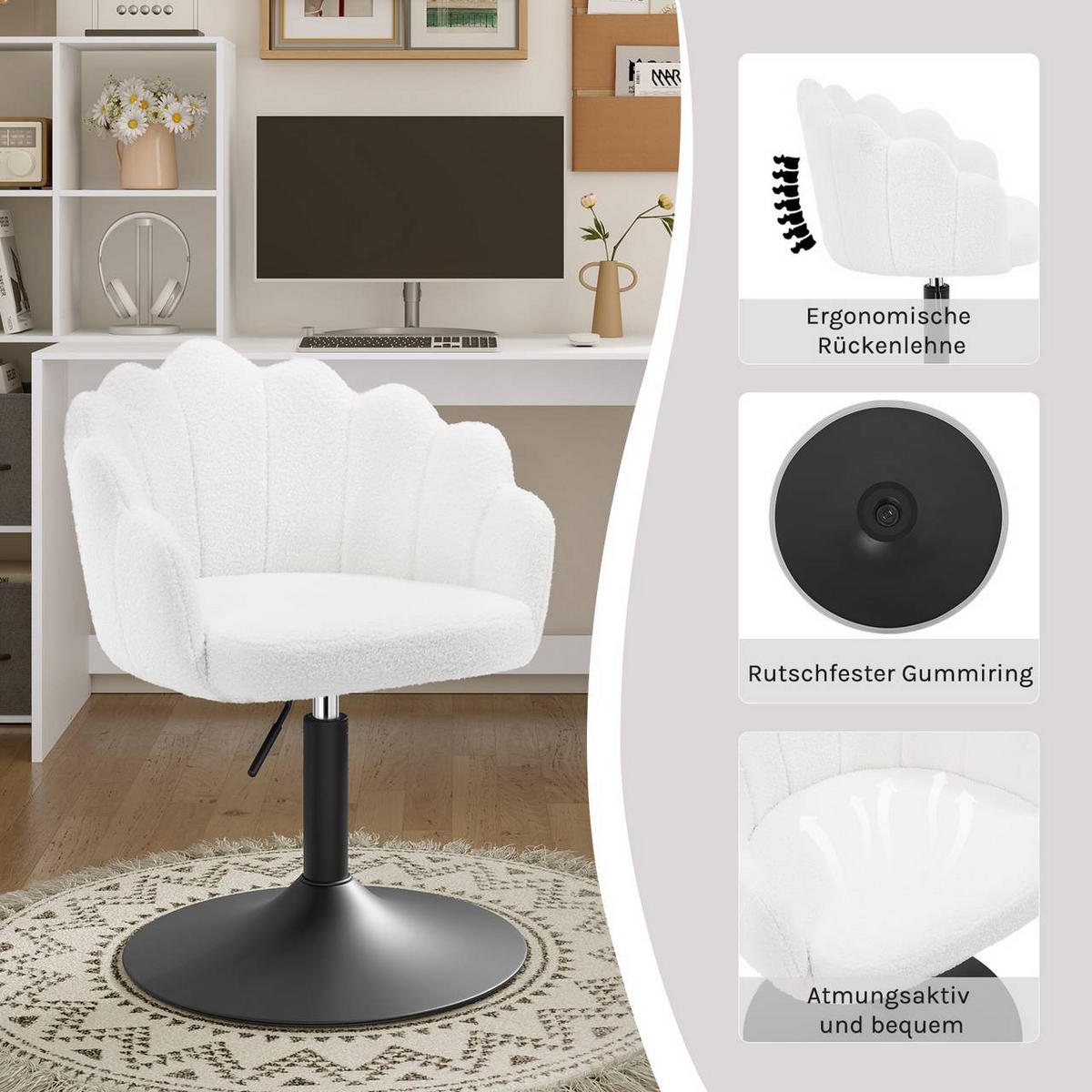 DREHSTUHL, Blumenform, Boucle-Stoff, Schminkstuhl, Weiß - Schwarz/Weiß, Textil/Metall (55/67/50cm) - Woltu